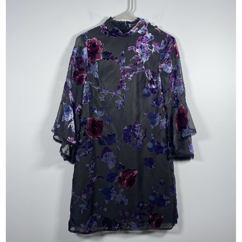 Tahari Women's Sz 2 Velvet Burnout‎ Black Purple Floral Dress Witchy Goth Fairy